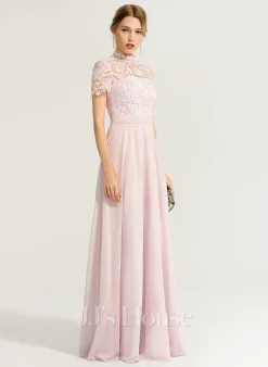 Jjshouse.fr Robe Trapèze Col Haut Longueur Ras Du Sol Mousseline Dentelle Mousseline Robe De Demoiselle D'honneur Avec Paillettes -Voiles mariée Soldes 9af8fc6ab0e159a1e2df37924ae5acd0