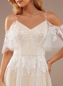 JJsHouse Robe Trapèze Col V Longueur Ras Du Sol Dentelle Tulle Robe De Mariée Avec Brodé Plissé Paillettes -Voiles mariée Soldes 9bb2e2738cdb56da42bdcb44fa7ecc51