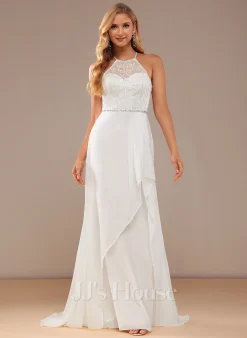 JJsHouse Robe Trapèze Col Haut Balayage/pinceau Train Mousseline Dentelle Robe De Mariée Avec Brodé Paillettes