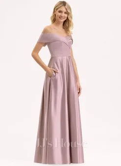 Jjshouse.fr Robe Trapèze épaule Dénudée Longueur Ras Du Sol Satiné Satiné Robe De Demoiselle D'honneur Avec Poches