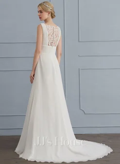 JJsHouse Robe Trapèze Col V Balayage/pinceau Train Mousseline Dentelle Robe De Mariée Avec Plissé -Voiles mariée Soldes 9cb591d23f03b2fa0ee626102a487fea