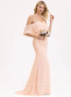 Jjshouse.fr Forme Sirène/trompette épaule Dénudée Balayage/pinceau Train Mousseline Mousseline Robe De Demoiselle D'honneur