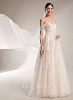 JJsHouse Robe Marquise/princesse épaule Dénudée Traîne Mi-longue Dentelle Tulle Robe De Mariée