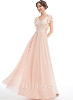 Jjshouse.fr Robe Trapèze Col V Longueur Ras Du Sol Mousseline Dentelle Robe De Demoiselle D'honneur Avec Plissé