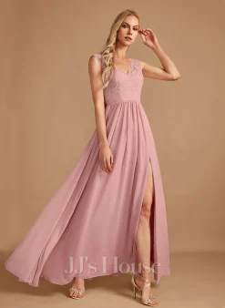 Jjshouse.fr Robe Trapèze Col V Longueur Ras Du Sol Mousseline Dentelle Robe De Demoiselle D'honneur Avec Fendue Devant Poches