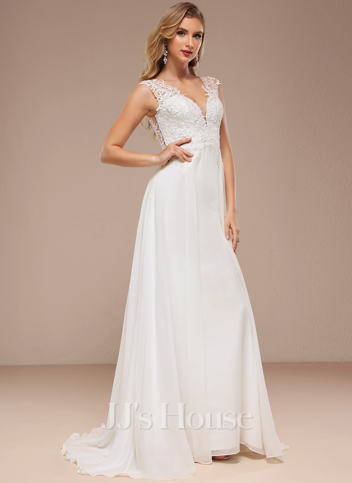 JJsHouse Robe Trapèze Col V Balayage/pinceau Train Mousseline Dentelle Robe De Mariée 3 JJsHouse Robe Trapèze Col V Balayage/pinceau Train Mousseline Dentelle Robe De Mariée – Image 3