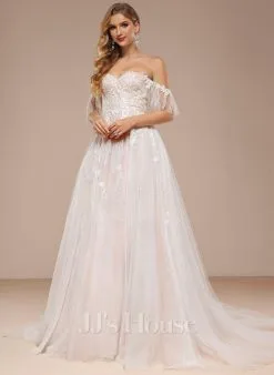 JJsHouse Robe Marquise/princesse épaule Dénudée Cache Cœur Traîne Moyenne Dentelle Tulle Robe De Mariée Avec Plissé Paillettes