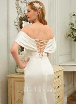 JJsHouse Forme Sirène/trompette épaule Dénudée Balayage/pinceau Train Satin Soyeux Robe De Mariée Avec Plissé -Voiles mariée Soldes a54c055973460df18a70ff9c5e9f5893