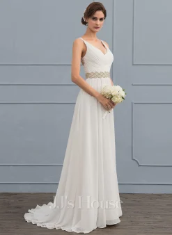 JJsHouse Robe Trapèze Col V Balayage/pinceau Train Mousseline Robe De Mariée Avec Brodé Plissé Paillettes -Voiles mariée Soldes a57a4f20fac233dd0f7aabceb414a275