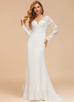 JJsHouse Forme Sirène/trompette Col V Balayage/pinceau Train Mousseline Dentelle Robe De Mariée -Voiles mariée Soldes a60f8305baa61a4e363a8d47f5c385d5