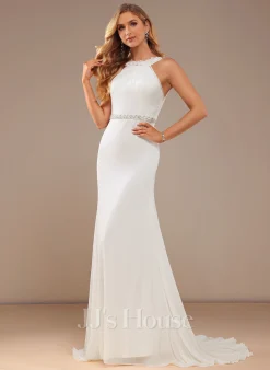 JJsHouse Forme Sirène/trompette Col Haut Traîne Moyenne Mousseline Dentelle Robe De Mariée Avec Brodé -Voiles mariée Soldes a8000498460cbdcc3aef282ef632400b