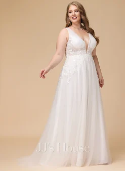 JJsHouse Robe Trapèze Col V Balayage/pinceau Train Dentelle Tulle Robe De Mariée Avec Paillettes -Voiles mariée Soldes a8a4632c9eaf251a76b1099aaed69a8c