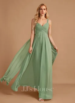 Jjshouse.fr Robe Trapèze Col V Longueur Ras Du Sol Mousseline Robe De Demoiselle D'honneur Avec Plissé -Voiles mariée Soldes a90cda73768e3c92a5c70370894feb86