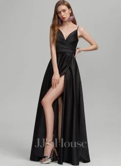 Jjshouse.fr Robe Trapèze Col V Longueur Ras Du Sol Satiné Satiné Robe De Demoiselle D'honneur Avec Plissé Fendue Devant