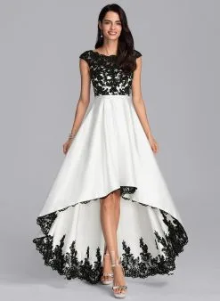 JJsHouse Robe Trapèze Scoop Illusion Asymétrique Dentelle Satiné Robe De Mariée