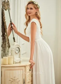 JJsHouse Robe Trapèze Col V Longueur Ras Du Sol Mousseline Dentelle Robe De Mariée