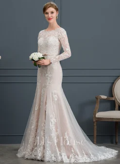 JJsHouse Forme Sirène/trompette Traîne Moyenne Dentelle Tulle Robe De Mariée Avec Brodé Arc Paillettes