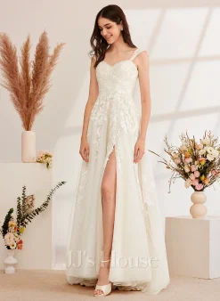 JJsHouse Robe Trapèze épaule Dénudée Balayage/pinceau Train Dentelle Tulle Robe De Mariée Avec Brodé Paillettes -Voiles mariée Soldes ac09aa702c776ac63adcafa4953ce93f