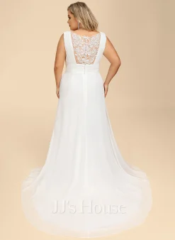 JJsHouse Robe Trapèze Col V Balayage/pinceau Train Mousseline Dentelle Robe De Mariée Avec Plissé -Voiles mariée Soldes ac60c526340d62b5700d3ffbe62a83e7