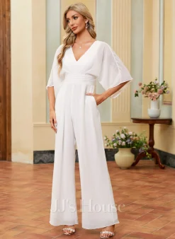 JJsHouse Jumpsuit / Pantsuit Col V Longueur Ras Du Sol Mousseline Robe De Mariée Avec Plissée -Voiles mariée Soldes ad0920944e72569c6bdad565eb2caf16