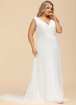 JJsHouse Robe Trapèze Col V Balayage/pinceau Train Mousseline Dentelle Robe De Mariée Avec Plissé -Voiles mariée Soldes ae00022082e9b62d51214d874971e9a0