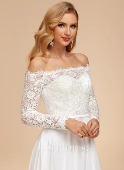 JJsHouse Robe Trapèze épaule Dénudée Longueur Ras Du Sol Mousseline Dentelle Robe De Mariée