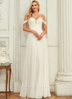 JJsHouse Robe Trapèze épaule Dénudée Longueur Ras Du Sol Mousseline Dentelle Robe De Mariée -Voiles mariée Soldes b039850ecaf0b30fa0df7268267381d4