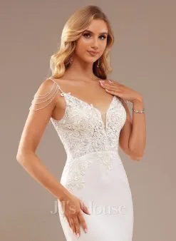 JJsHouse Forme Sirène/trompette Col V Traîne Moyenne Mousseline Dentelle Robe De Mariée Avec Brodé Paillettes