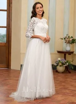 JJsHouse Robe Trapèze Col Haut Balayage/pinceau Train Dentelle Tulle Robe De Mariée 9 JJsHouse Robe Trapèze Col Haut Balayage/pinceau Train Dentelle Tulle Robe De Mariée -Voiles mariée Soldes b2d24d66cb90fc5a93263883353882c9