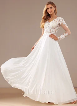 JJsHouse Robe Trapèze Col V Longueur Ras Du Sol Mousseline Dentelle Robe De Mariée Avec Paillettes -Voiles mariée Soldes b352477767c06a68cc35d1cadf518221