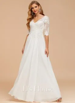 JJsHouse Robe Trapèze Col V Longueur Ras Du Sol Mousseline Dentelle Robe De Mariée