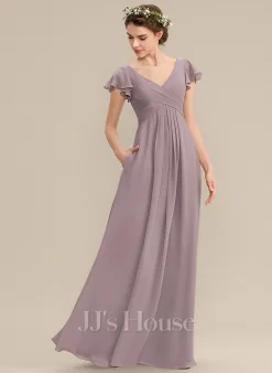 Jjshouse.fr Robe Trapèze Col V Longueur Ras Du Sol Mousseline Mousseline Robe De Demoiselle D'honneur Avec Robe à Volants Poches -Voiles mariée Soldes b56284fbc81578378ccc9641764a086c