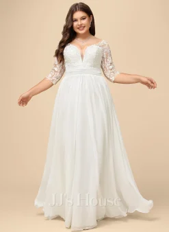 JJsHouse Robe Trapèze Col V Longueur Ras Du Sol Mousseline Dentelle Robe De Mariée Avec Plissé Paillettes -Voiles mariée Soldes b60f319fc7cef993b99563cf22443180