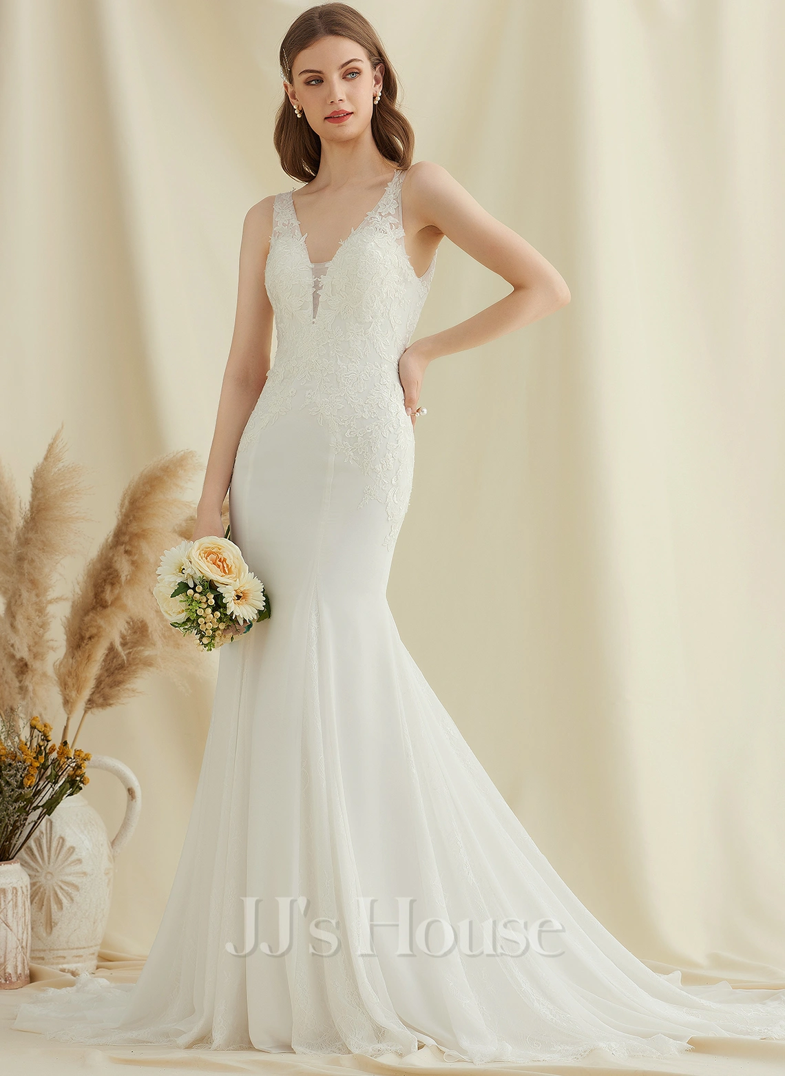 JJsHouse Forme Sirène/trompette Col V Traîne Moyenne Mousseline Dentelle Robe De Mariée 4 JJsHouse Forme Sirène/trompette Col V Traîne Moyenne Mousseline Dentelle Robe De Mariée – Image 4