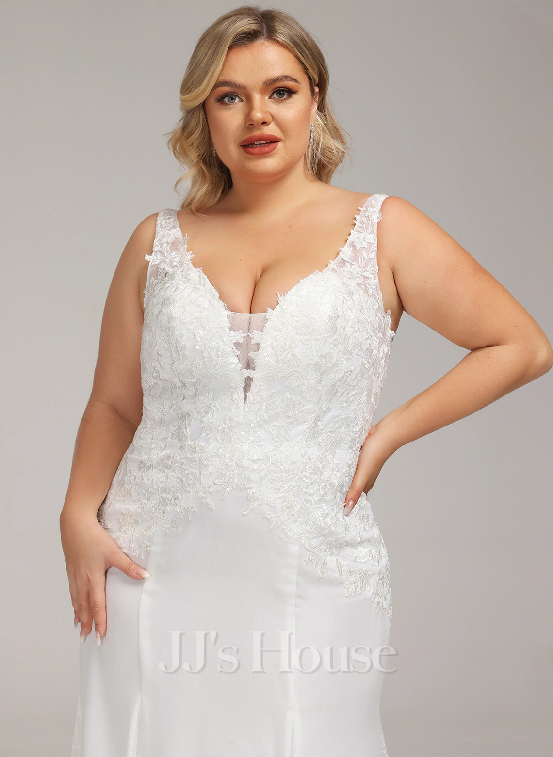 JJsHouse Forme Sirène/trompette Col V Traîne Moyenne Mousseline Dentelle Robe De Mariée 10 JJsHouse Forme Sirène/trompette Col V Traîne Moyenne Mousseline Dentelle Robe De Mariée – Image 10