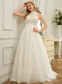 JJsHouse Robe Marquise/princesse Col Haut Balayage/pinceau Train Dentelle Tulle Robe De Mariée Avec Paillettes