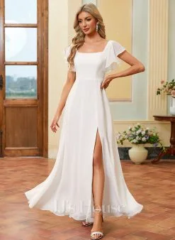 JJsHouse Robe Trapèze Carré Longueur Ras Du Sol Mousseline Robe De Mariée Avec Plissé