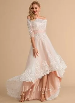 JJsHouse Robe Trapèze Asymétrique Dentelle Satiné Tulle Robe De Mariée Avec Paillettes