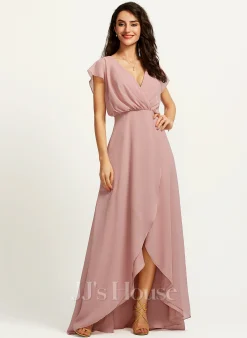 Jjshouse.fr Robe Trapèze Col V Asymétrique Mousseline Robe De Demoiselle D'honneur Avec Fendue Devant