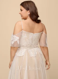 JJsHouse Robe Trapèze Col V Longueur Ras Du Sol Dentelle Tulle Robe De Mariée Avec Brodé Plissé Paillettes -Voiles mariée Soldes ba8711806856357ebc879fa8afa29851