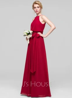 Jjshouse.fr Robe Trapèze Scoop Longueur Ras Du Sol Mousseline Mousseline Robe De Demoiselle D'honneur Avec Arc -Voiles mariée Soldes babe48a5008022212dd3fba4229f9acd