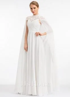 JJsHouse Robe Trapèze Col Haut Longueur Ras Du Sol Mousseline Dentelle Robe De Mariée -Voiles mariée Soldes bc7af27f5ee7448de00a4b6710bb03a3