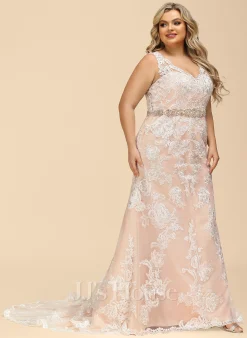 JJsHouse Forme Sirène/trompette Col V Traîne Mi-longue Dentelle Tulle Robe De Mariée Avec Brodé -Voiles mariée Soldes bcd2261578da8367f18721e1353da45b