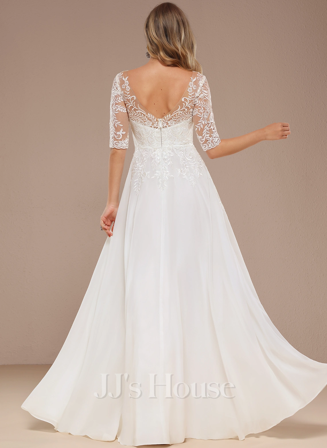 JJsHouse Robe Trapèze Col V Longueur Ras Du Sol Mousseline Dentelle Robe De Mariée 6 JJsHouse Robe Trapèze Col V Longueur Ras Du Sol Mousseline Dentelle Robe De Mariée – Image 6