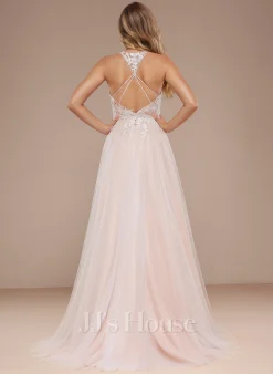 JJsHouse Robe Trapèze Dos Nu Balayage/pinceau Train Dentelle Tulle Robe De Mariée Avec Brodé Paillettes -Voiles mariée Soldes beaac6939f187096fc77d70ff070f19c