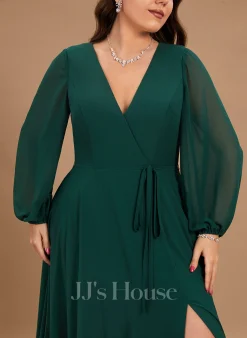 Jjshouse.fr Robe Trapèze Col V Longueur Ras Du Sol Mousseline Robe De Demoiselle D'honneur Avec Fendue Devant -Voiles mariée Soldes bee5005ac543dd2a2a7329a1c4883554