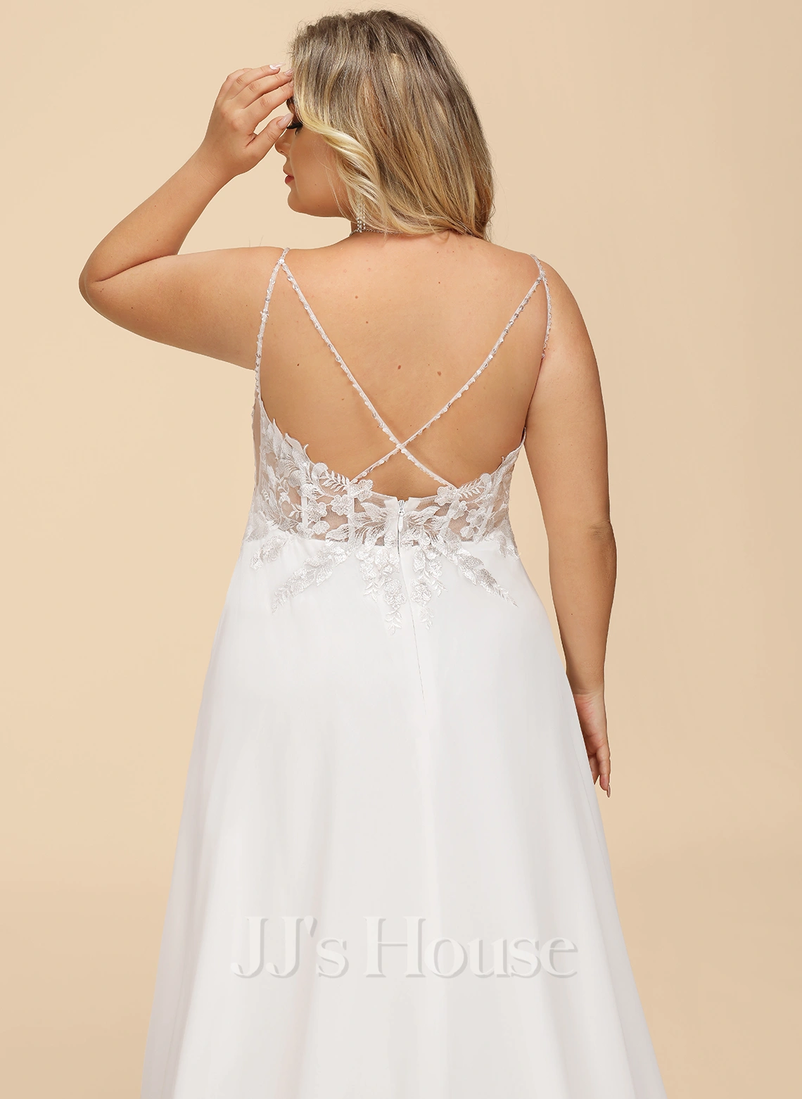 JJsHouse Robe Trapèze Col V Traîne Moyenne Mousseline Dentelle Robe De Mariée Avec Brodé Feather Paillettes 19 JJsHouse Robe Trapèze Col V Traîne Moyenne Mousseline Dentelle Robe De Mariée Avec Brodé Feather Paillettes – Image 19