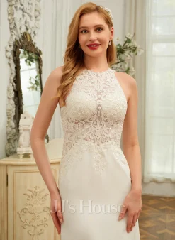 JJsHouse Forme Sirène/trompette Scoop Traîne Moyenne Mousseline Dentelle Robe De Mariée Avec Paillettes -Voiles mariée Soldes c329e0647541061d5ccbf76aa3161b98