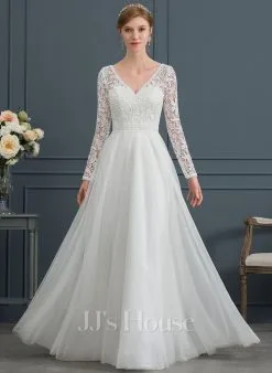 JJsHouse Robe Trapèze Col V Longueur Ras Du Sol Dentelle Tulle Robe De Mariée