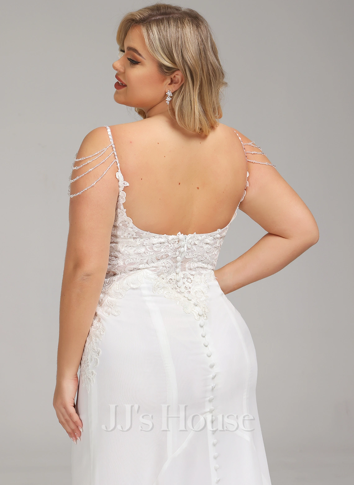 JJsHouse Forme Sirène/trompette Col V Traîne Moyenne Mousseline Dentelle Robe De Mariée Avec Brodé Paillettes 12 JJsHouse Forme Sirène/trompette Col V Traîne Moyenne Mousseline Dentelle Robe De Mariée Avec Brodé Paillettes – Image 12